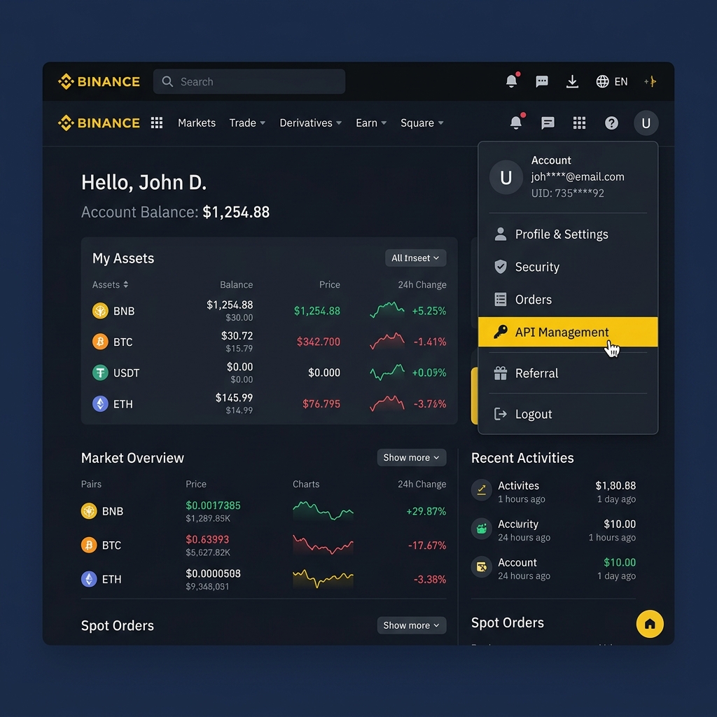 Binance profil menüsü – API Management seçeneği
