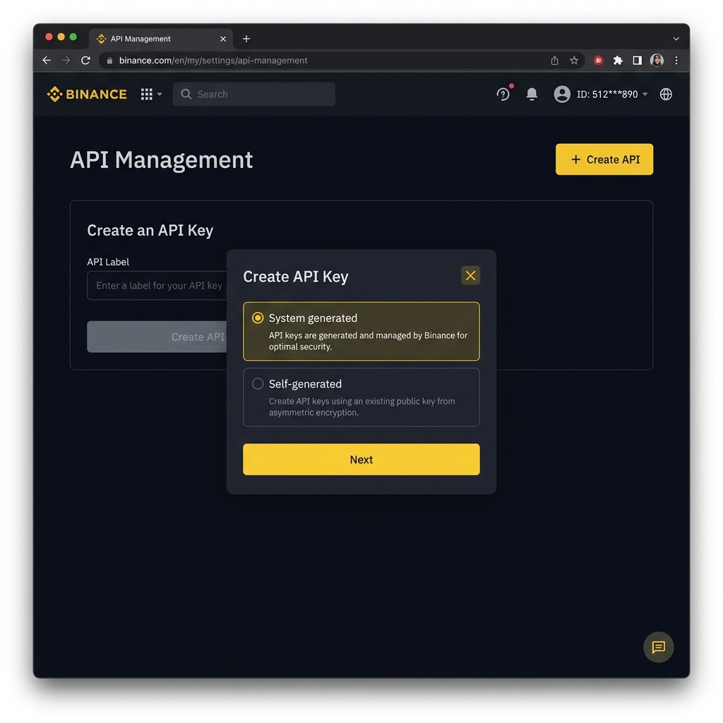 Binance Create API butonu ve sistem türü seçimi