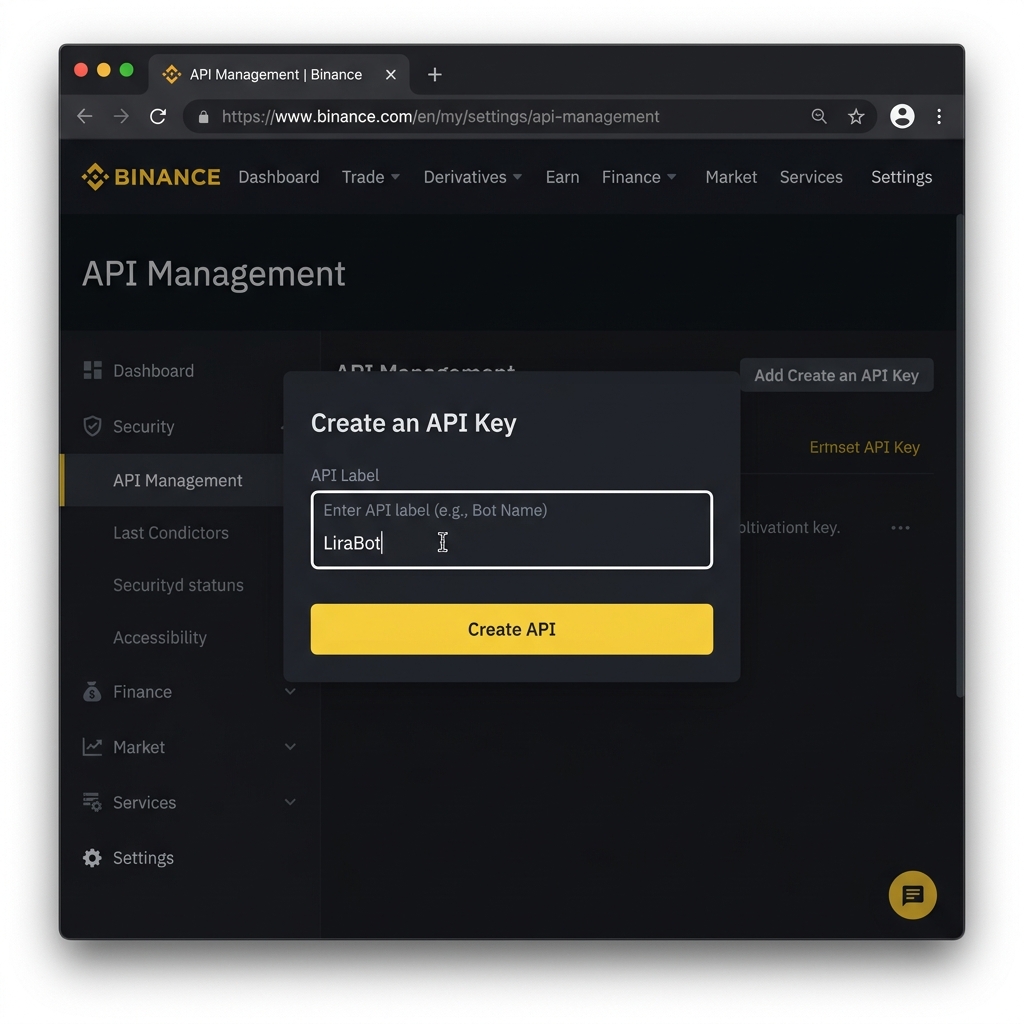 Binance API etiketi – LiraBot yazılmış giriş kutusu