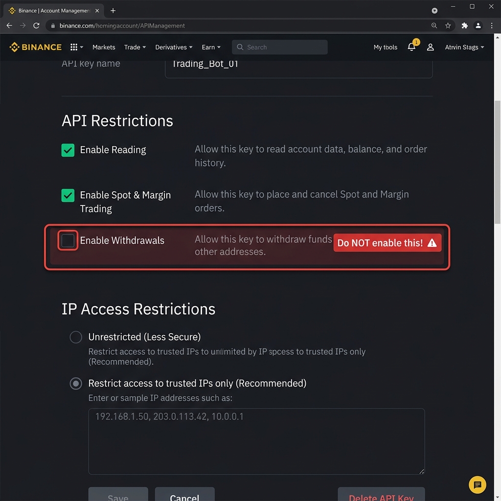 Binance API izinleri – Enable Reading ve Spot Trading işaretli, Withdrawals boş