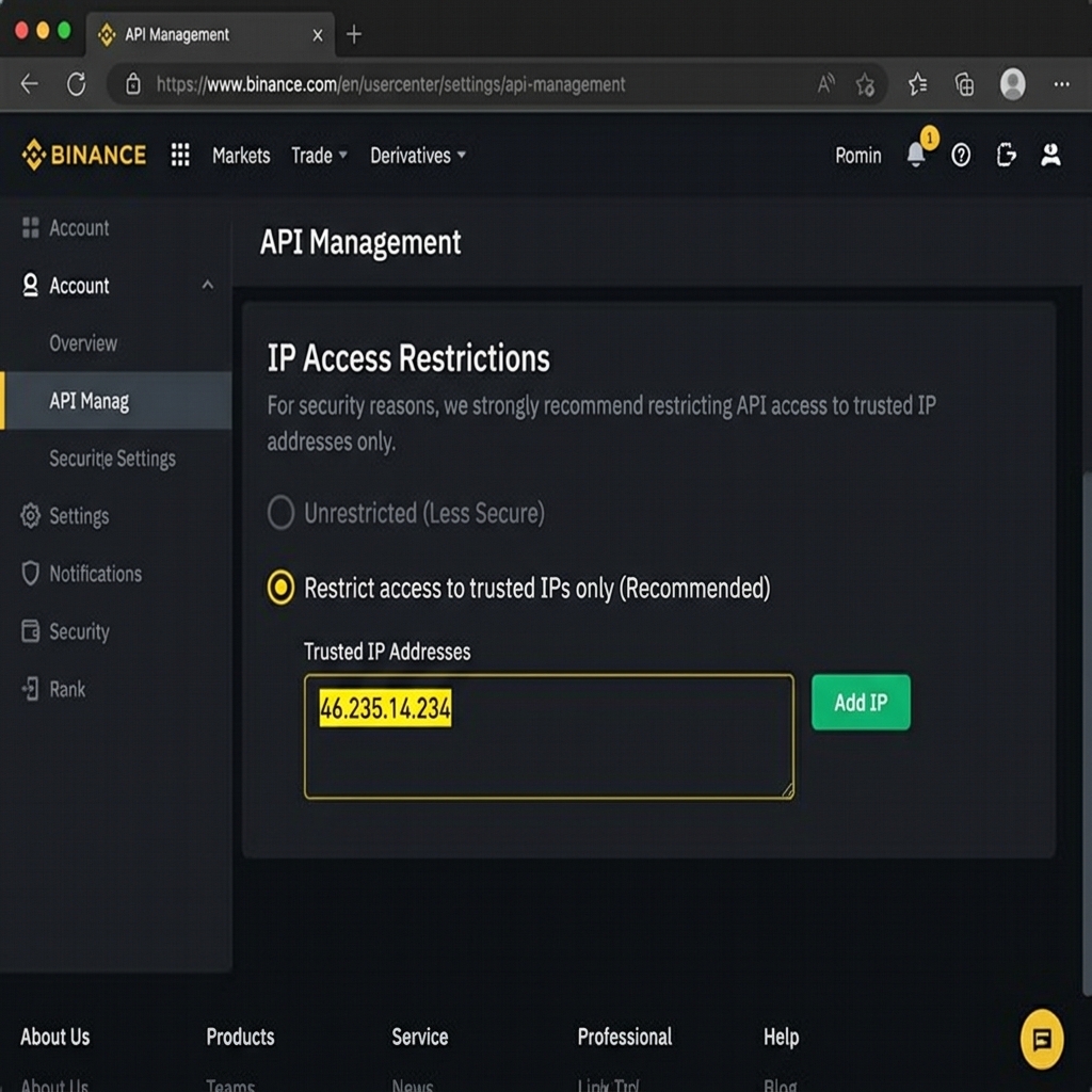 Binance IP kısıtlama ayarı – 46.235.14.234 girilmiş