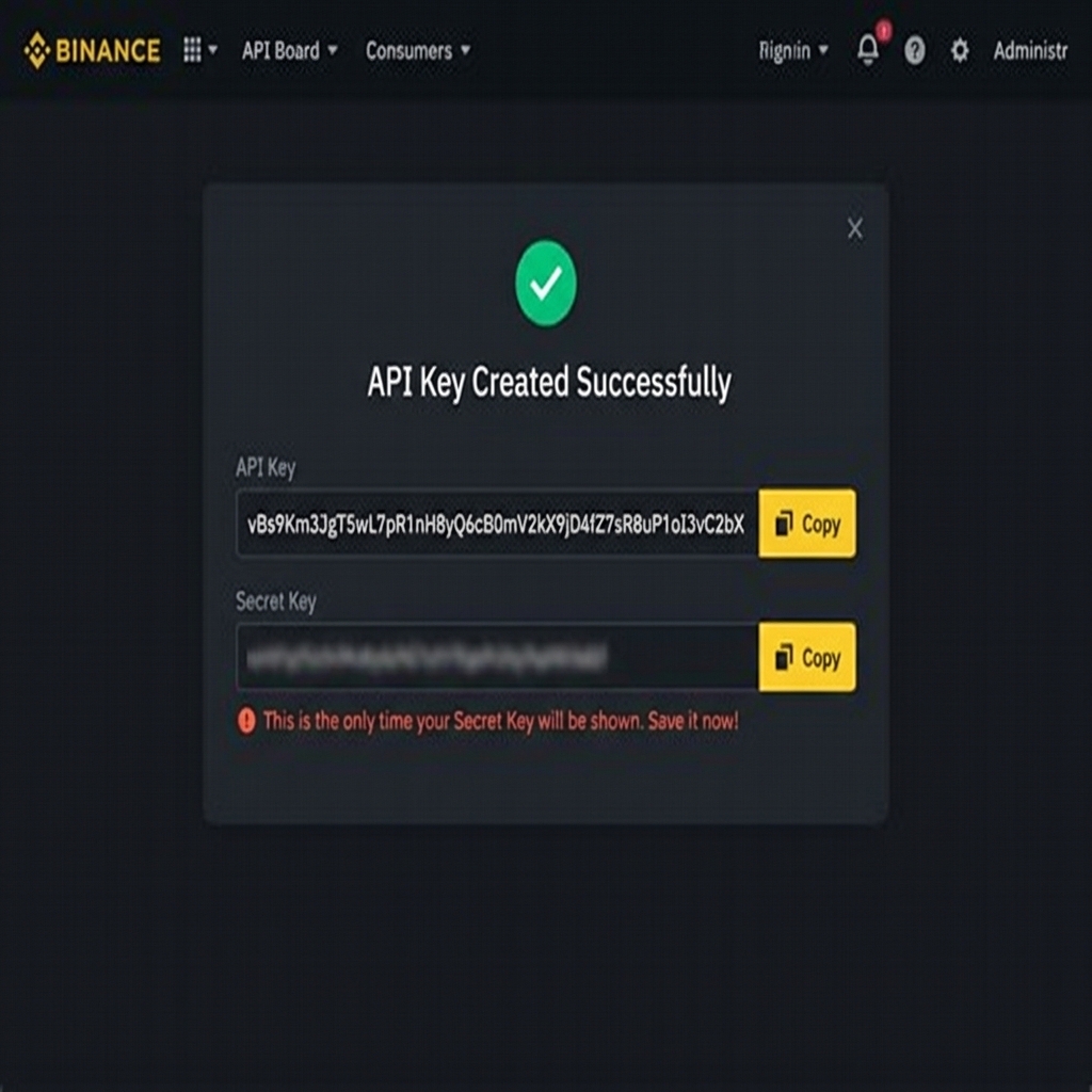 Binance API Key Created Successfully ekranı – kopyalama butonları
